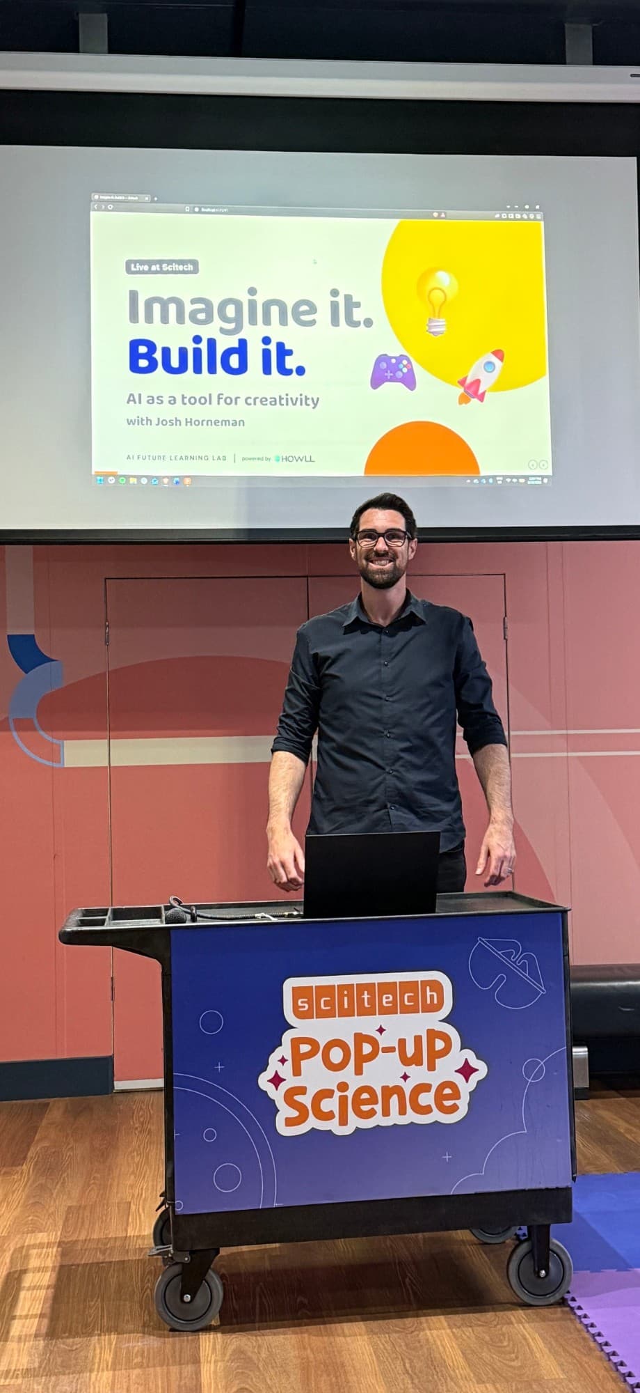 Josh Horneman at Scitech presenting the workshop Imagine it. Build it. AI as a tool for creativity, for AI Future Learning Lab